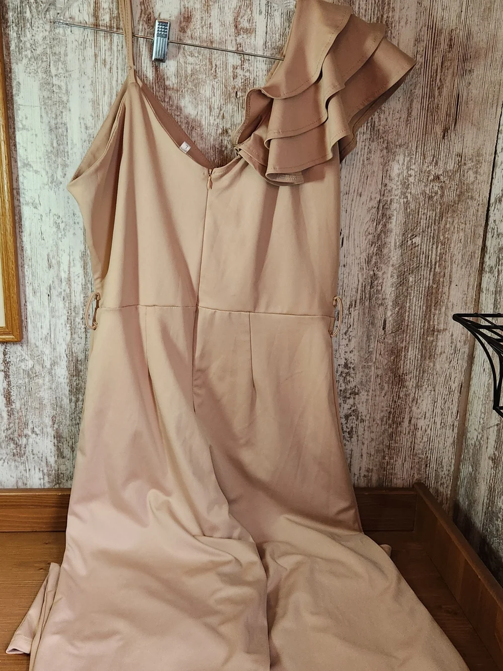 Nude Beige One-Shoulder Asymmetrical Ruffle Wide-Leg Jumpsuit Size Large